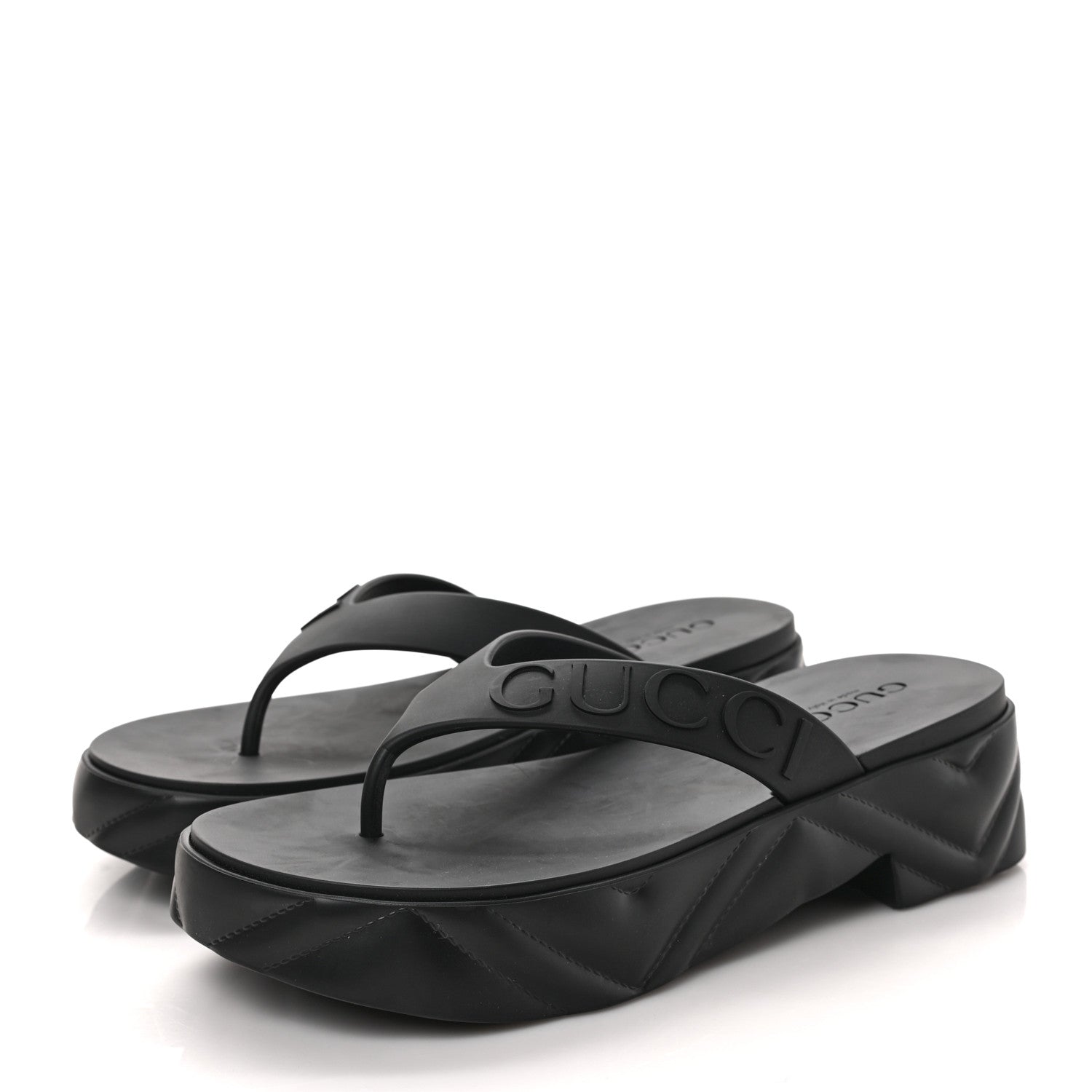 Gucci Rubber Chevron Logo Embossed Womens Thong Platform Sandals 38 Black 3 of 7