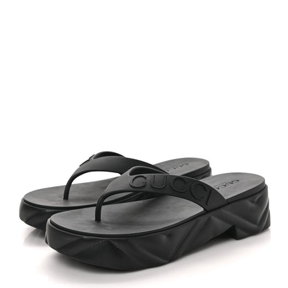 Gucci Rubber Chevron Logo Embossed Womens Thong Platform Sandals 38 Black 3 of 7