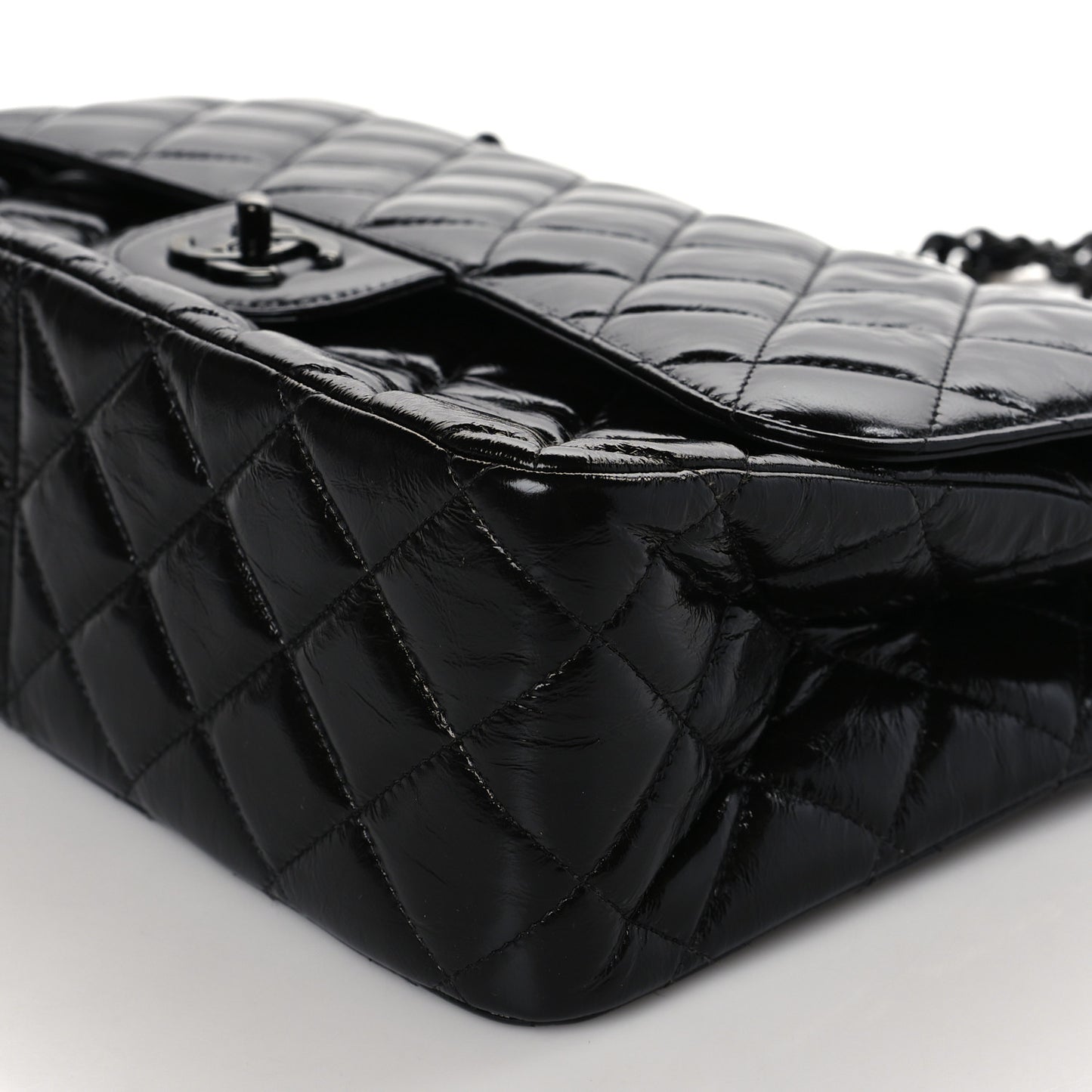 Shiny Distressed Calfskin Quilted Jumbo Double Flap So Black