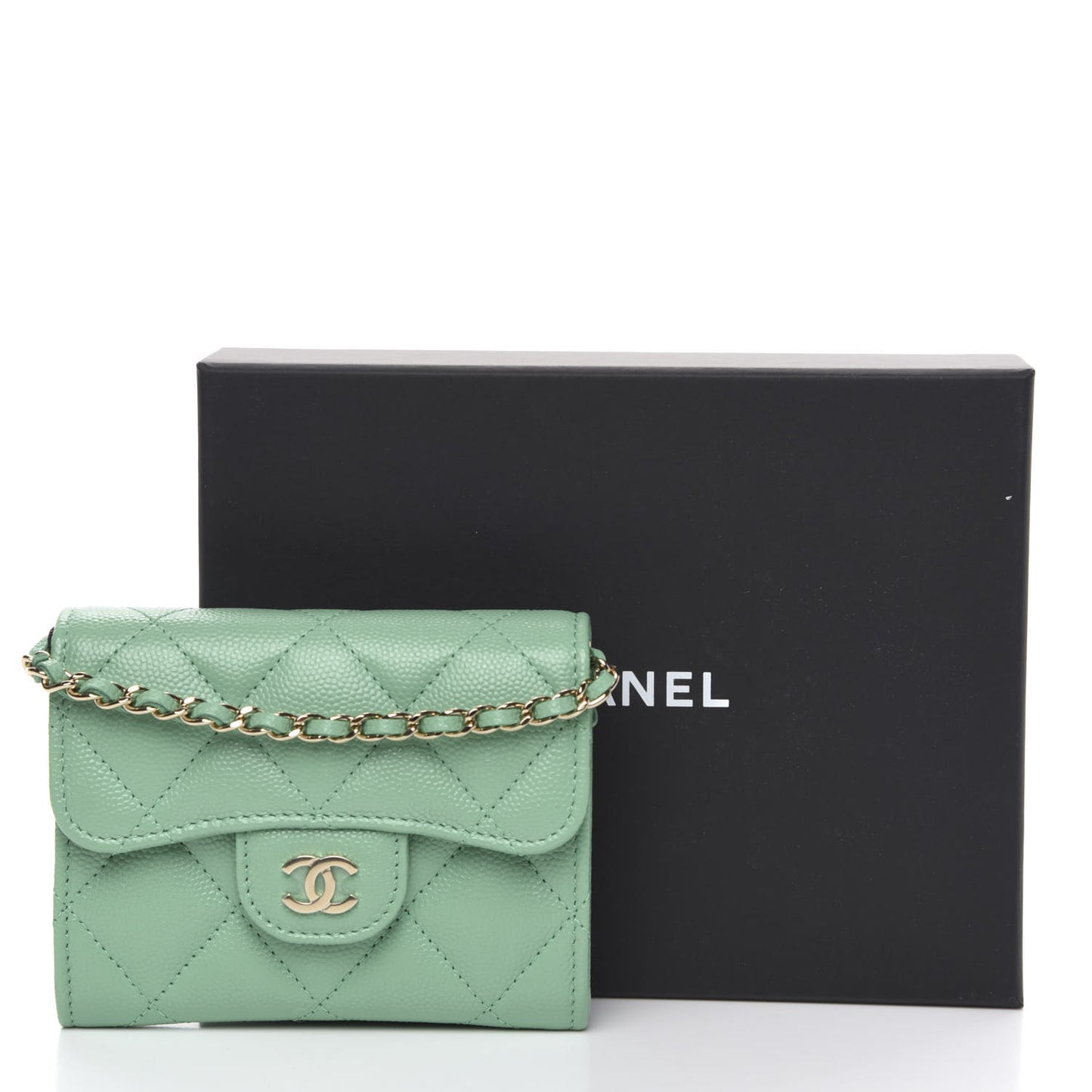 Caviar Quilted Flap Card Holder On Chain Light Green