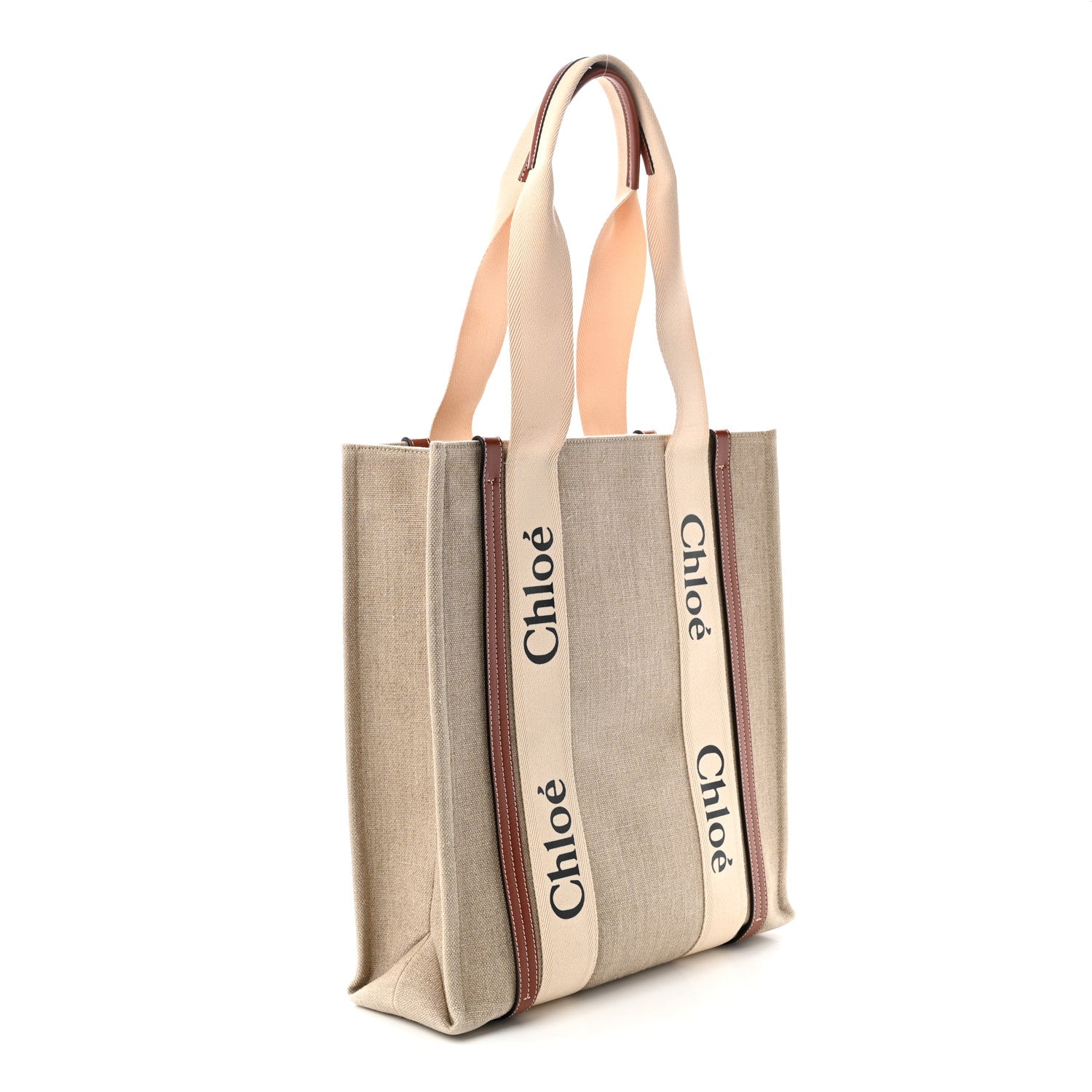 Chloe Cotton Calfskin Large Vertical Woody Ribbon Tote White Brown 3 of 10