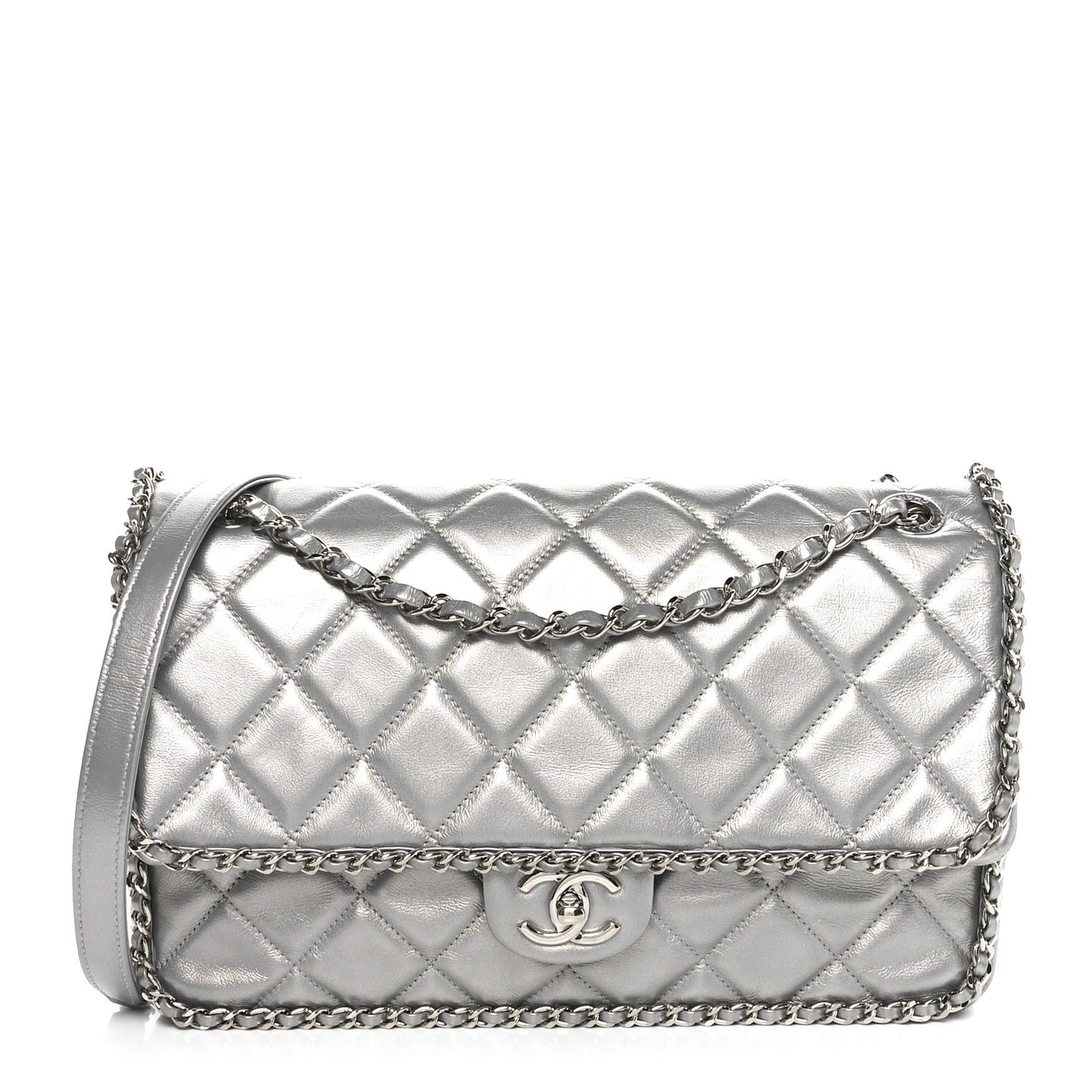Metallic Lambskin Large Chain All Over Flap Silver