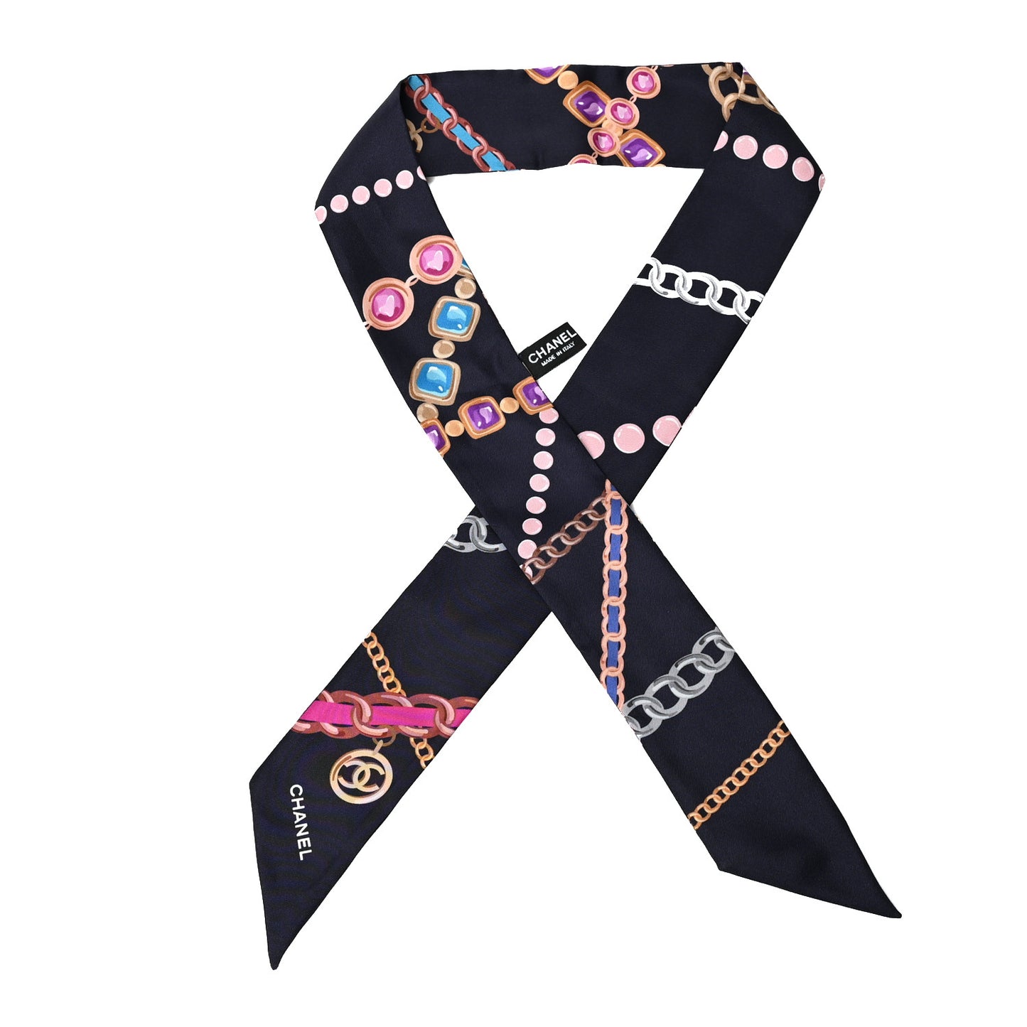 Silk Pearl CC Chain Slim Bandeau Scarf Navy Blue