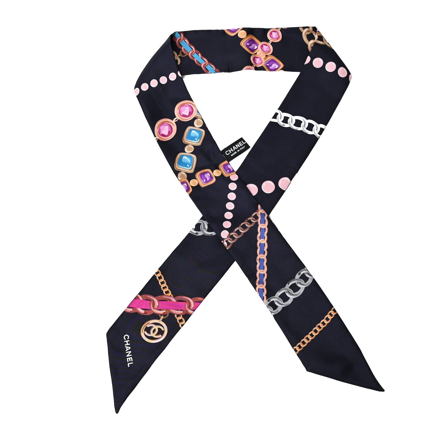 Chanel Silk Pearl CC Chain Slim Bandeau Scarf Navy Blue 1 of 3