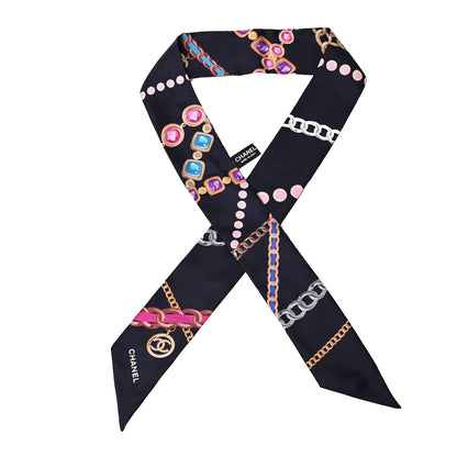 Chanel Silk Pearl CC Chain Slim Bandeau Scarf Navy Blue 1 of 3