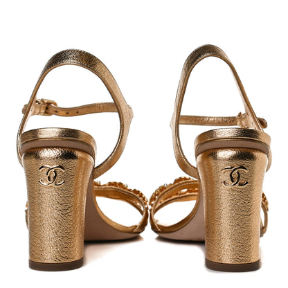 Chanel Aged Metallic Calfskin Pearl Crystal Sandals 37.5 Gold 6 of 11