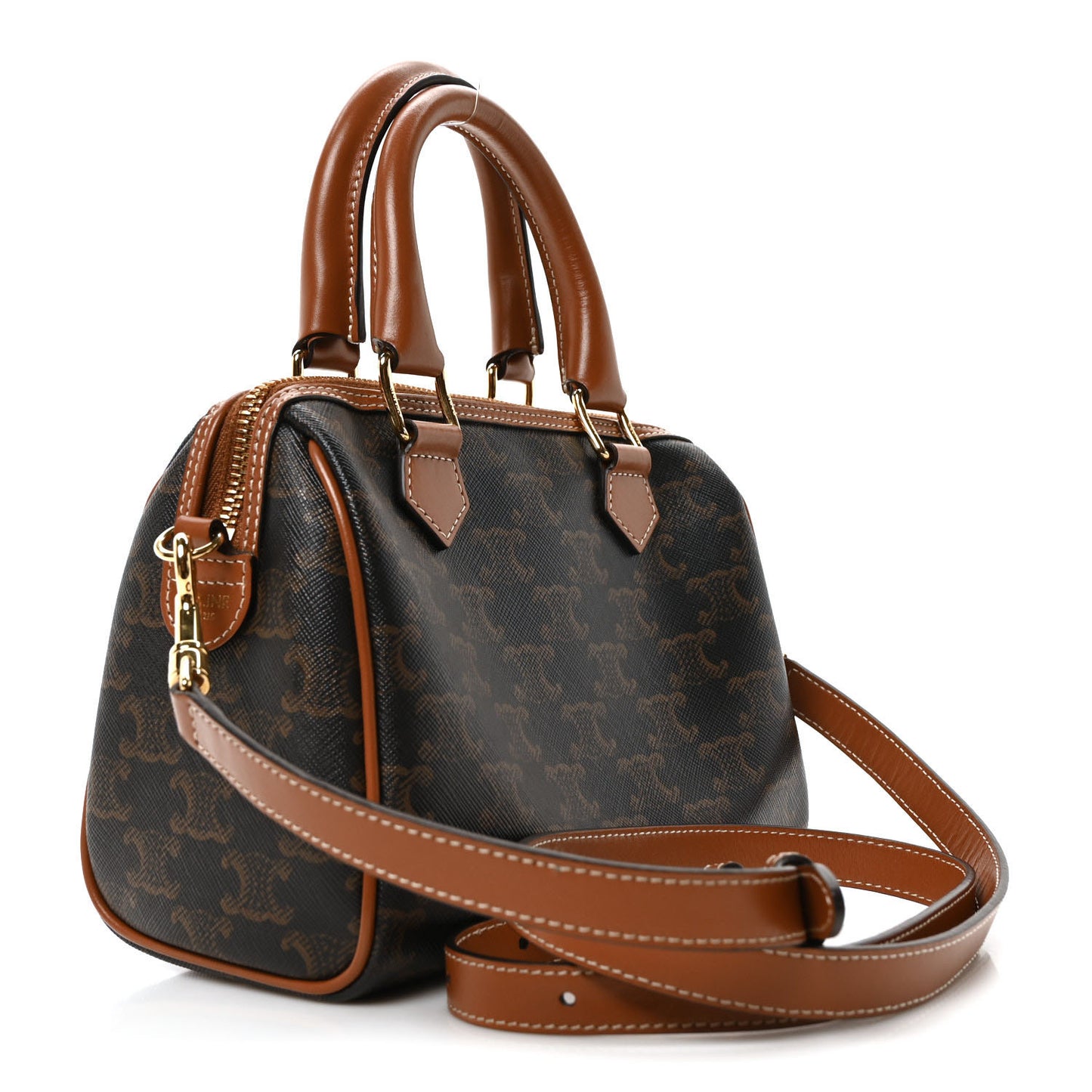 Triomphe Canvas Calfskin Small Boston Bag Tan