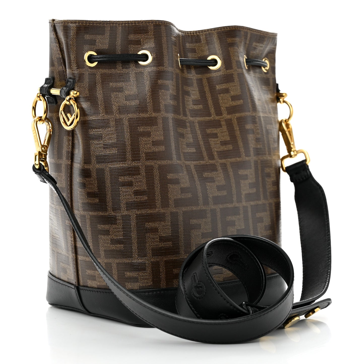 Glazed Fabric Vitello Grace F is Fendi FF 1974 Stamp Patch Grande Mon Tresor Bucket Bag Mogano Panna Black