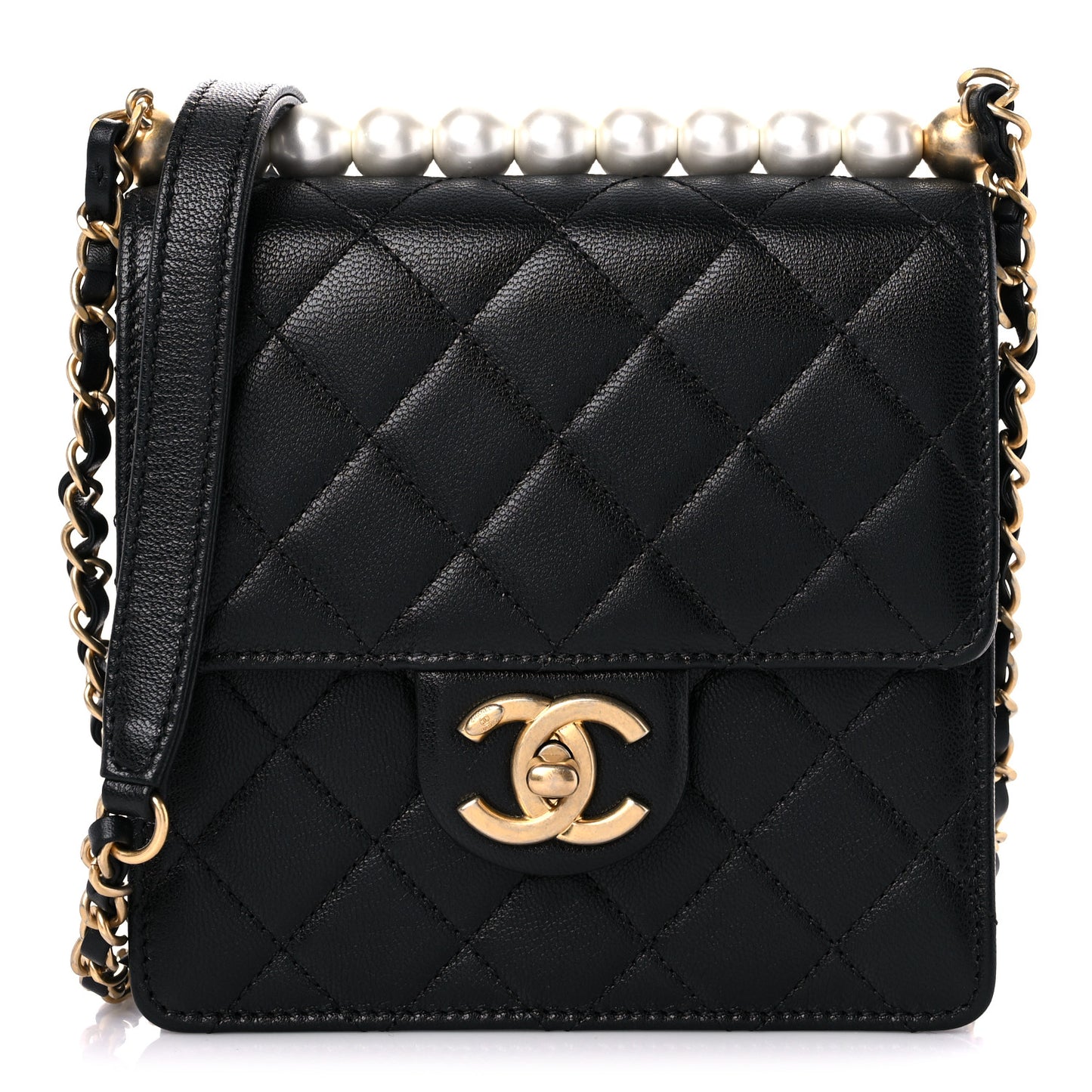Goatskin Quilted Chic Pearls Flap Black
