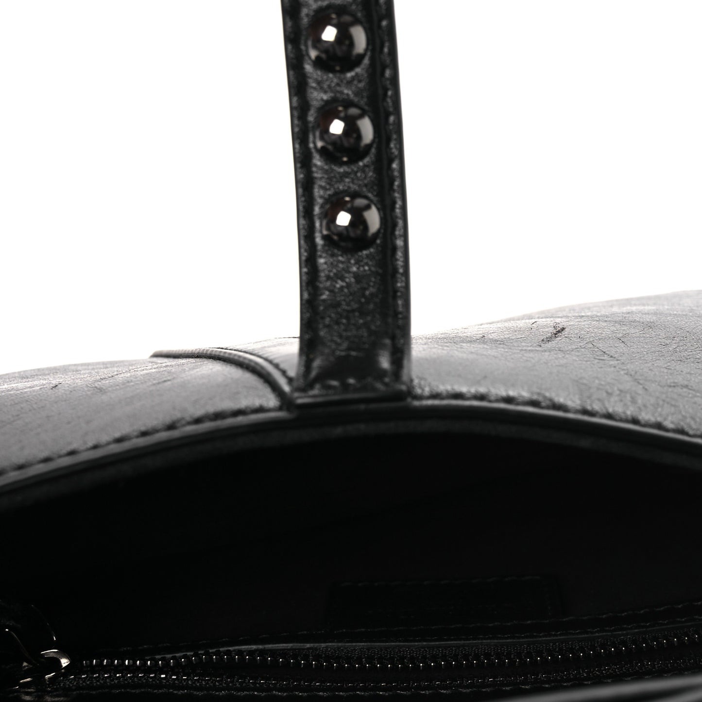 Shiny Crinkled Calfskin Studded Saddle Bag Black
