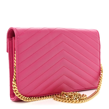 Saint Laurent Grain De Poudre Matelasse Chevron Cassandre Chain Wallet Lipstick Fuschia 3 of 17