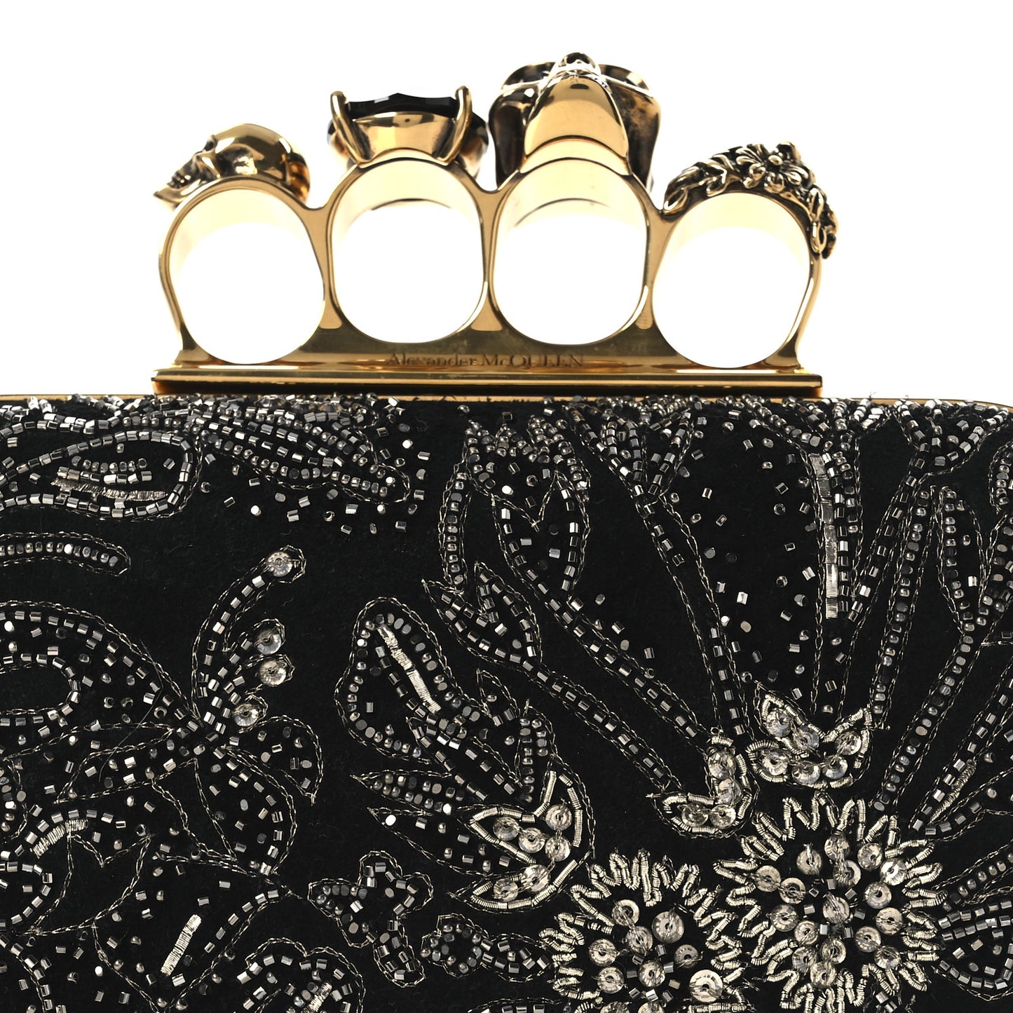 Suede Embroidered Knuckle Box Clutch Black