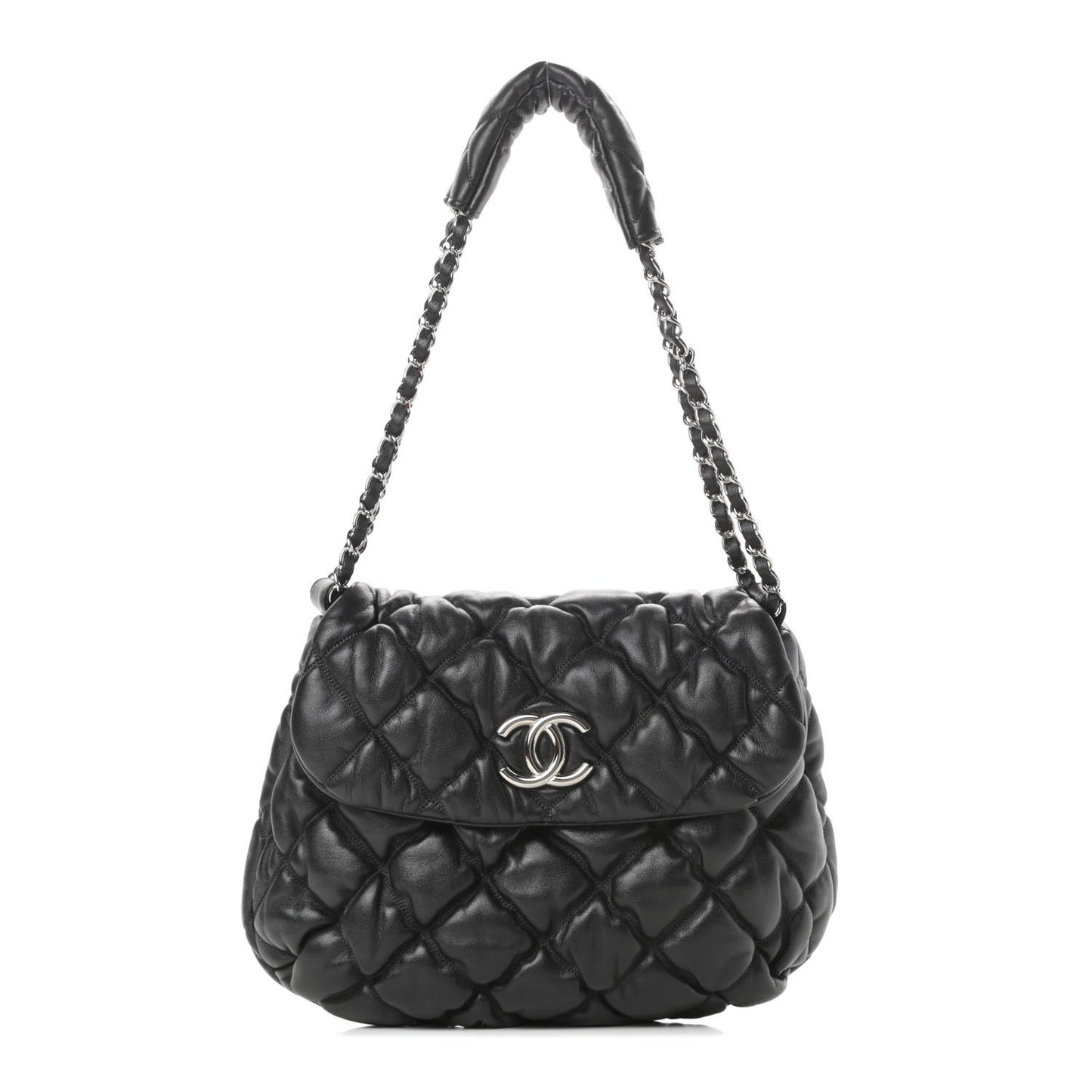 Lambskin Bubble Quilt Flap Bag Black