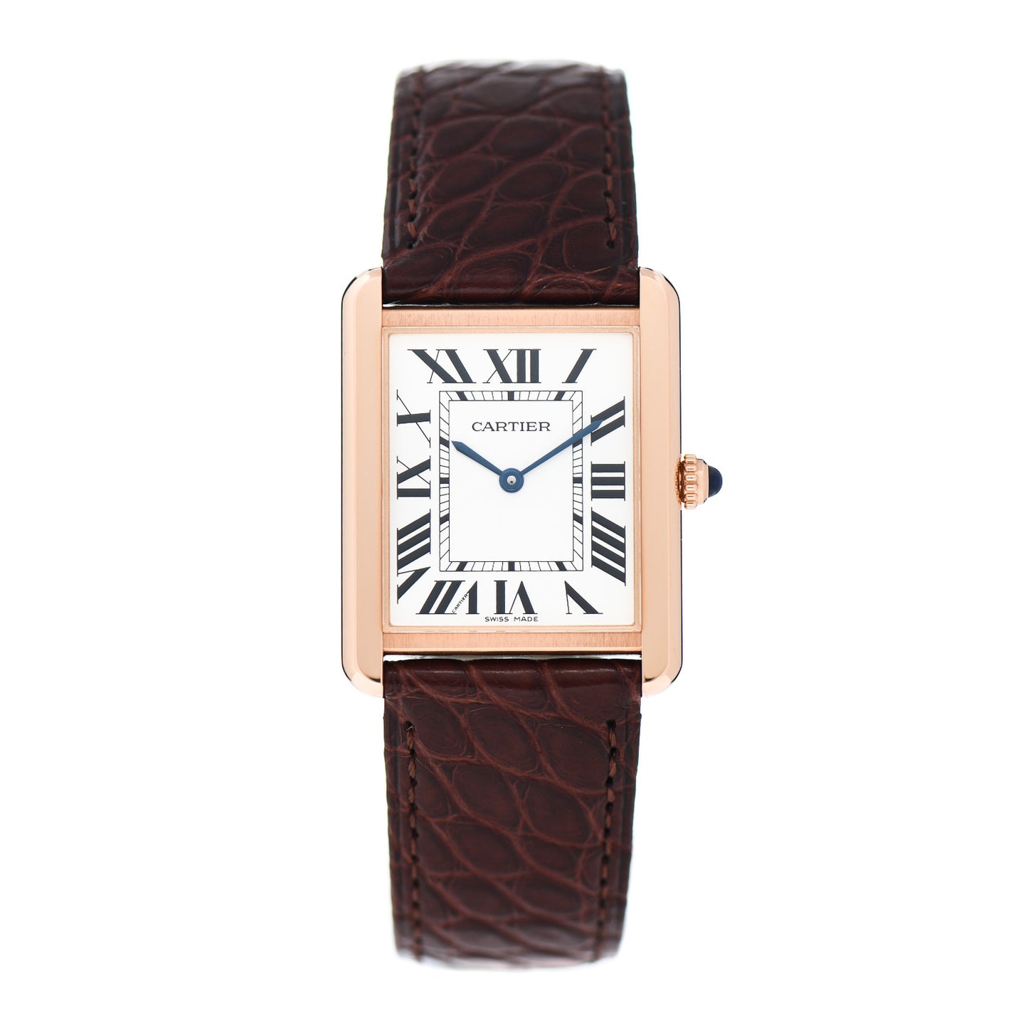 Stainless Steel 18K Pink Gold Alligator 27mm Tank Solo Quartz Watch Brown