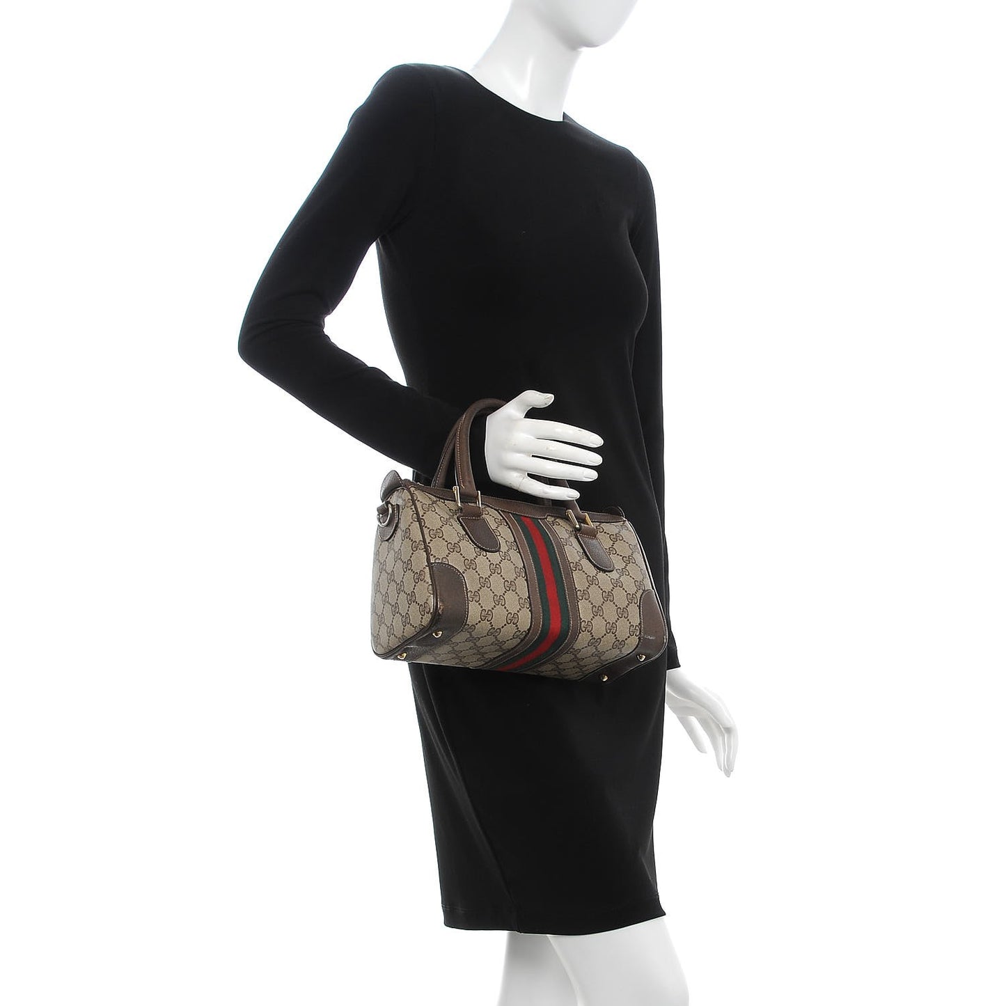 GG Plus Monogram Vintage Web Small Boston Dark Brown
