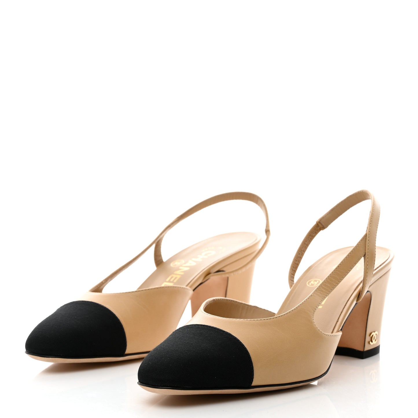 Goatskin Grosgrain Cap Toe CC Slingback Pumps 36 Beige Black