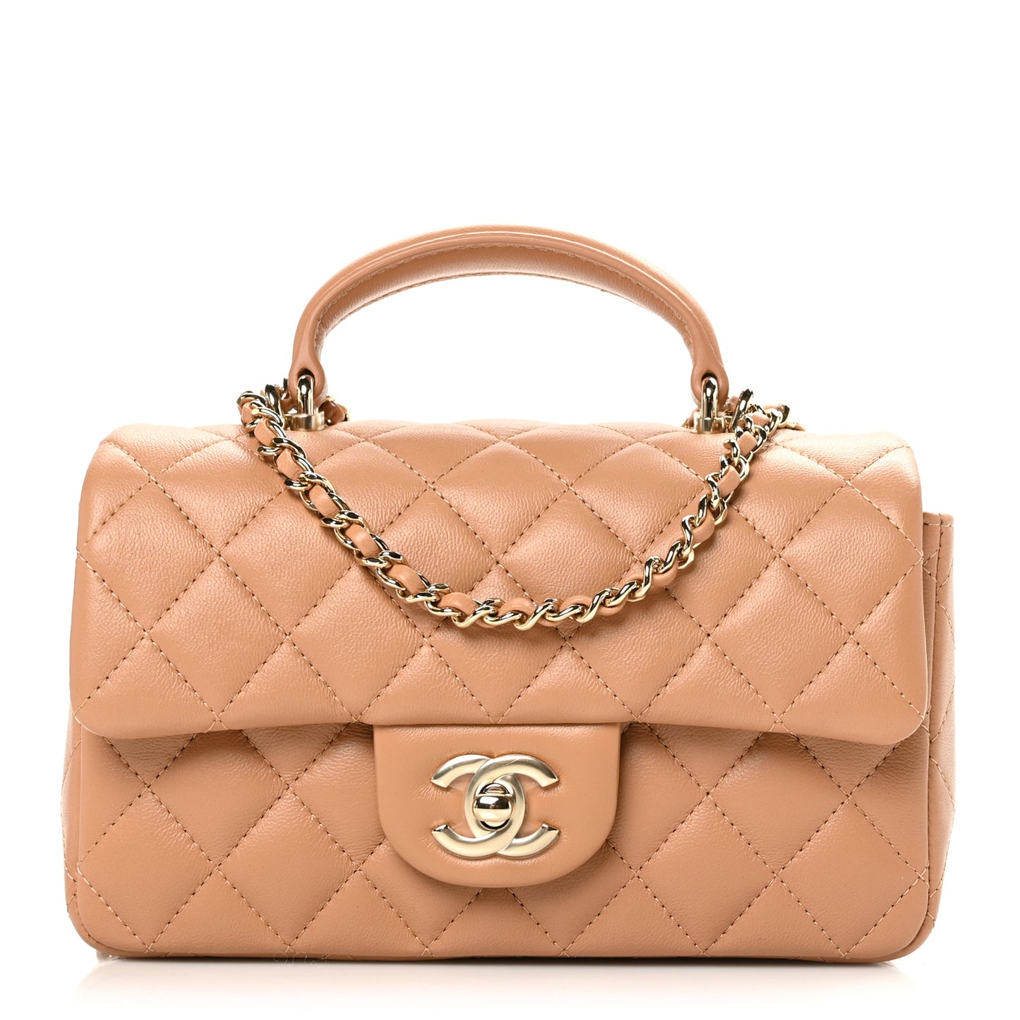 Lambskin Quilted Mini Top Handle Rectangular Flap Dark Beige