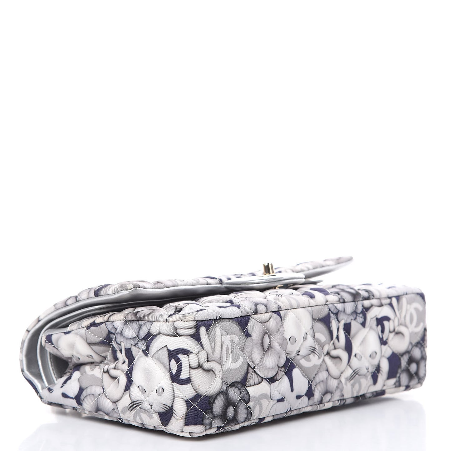 Nylon Quilted Medium Cat Emoticon Double Flap Navy Grey Ecru