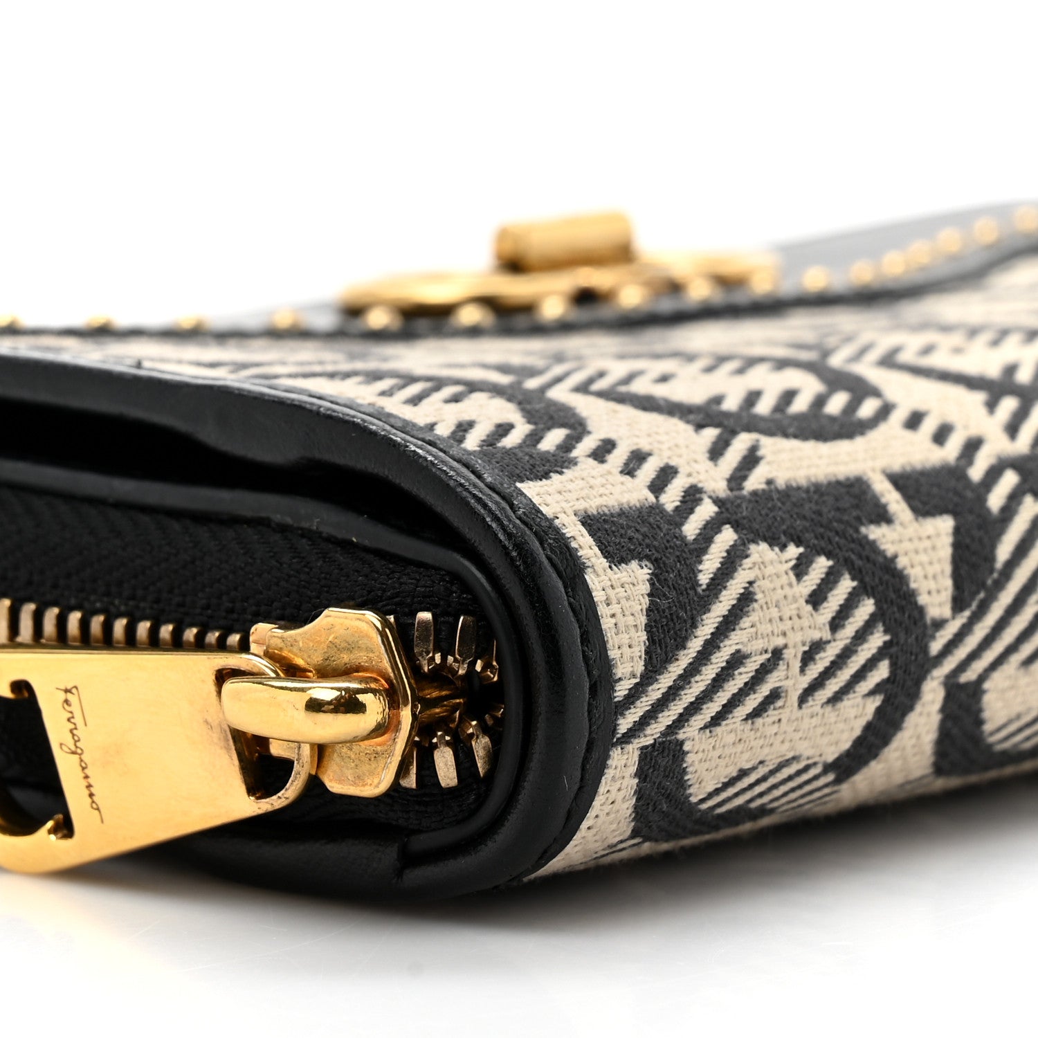 Salvatore Ferragamo Canvas Calfskin Gancini Wallet On Chain Black Beige 10 of 11