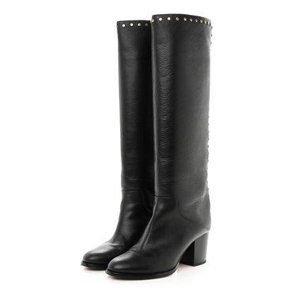 Jimmy Choo Calfskin Studded Monroe 65 Knee High Boots 38 Black 3 of 10
