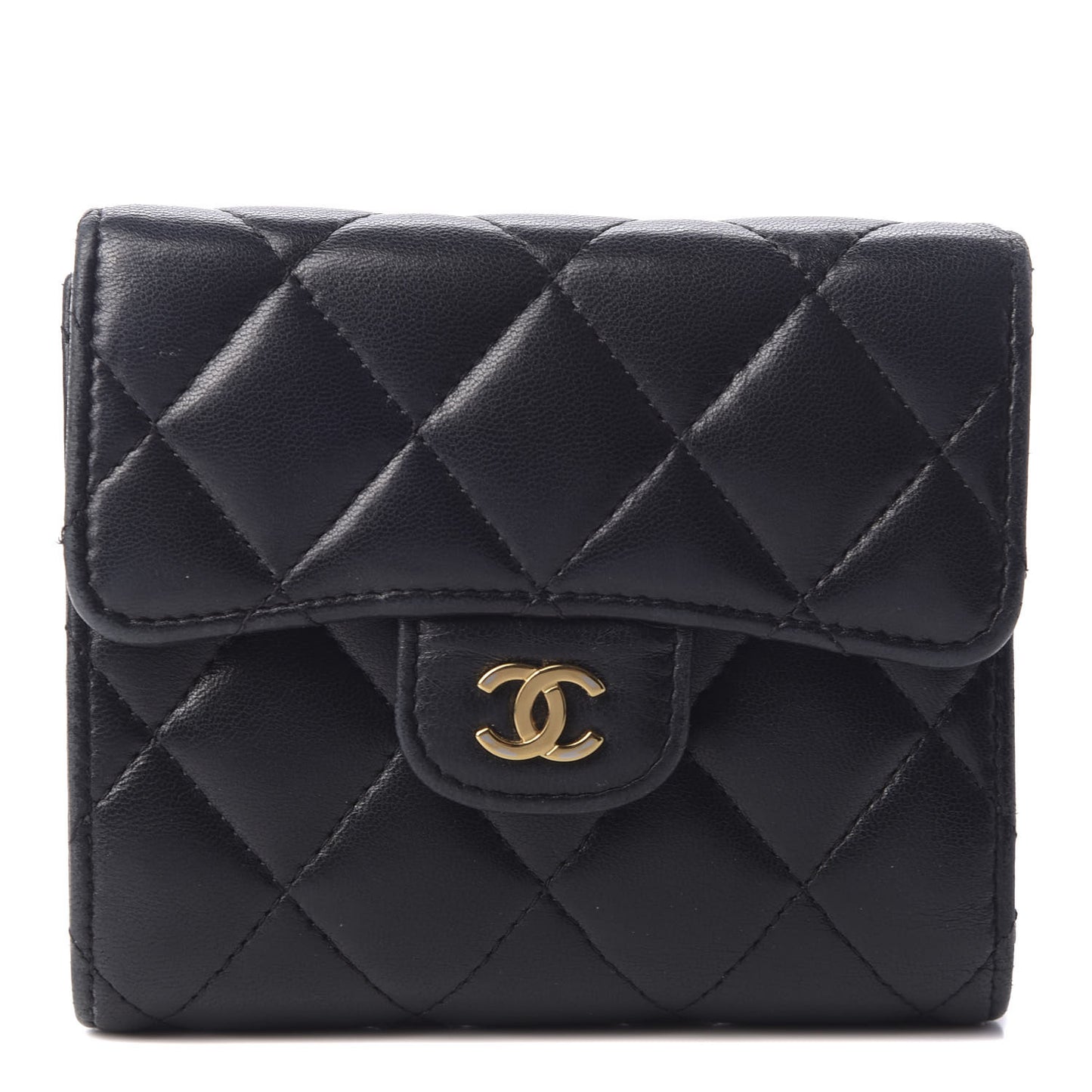 Lambskin Quilted Compact Flap Wallet Black