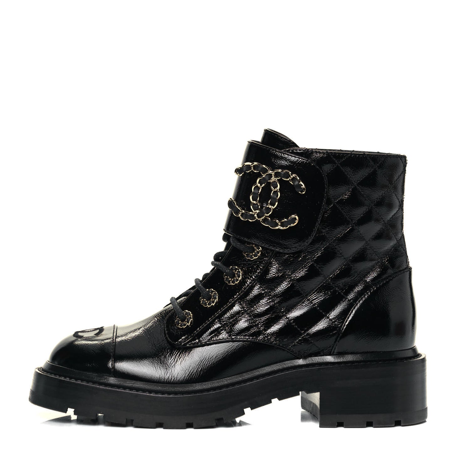Shiny Calfskin Quilted Lace Up Combat Boots 37 Black