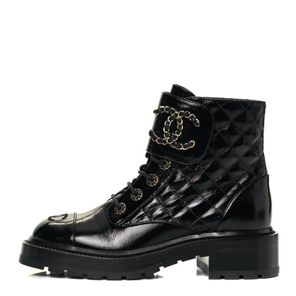 Chanel Shiny Calfskin Quilted Lace Up Combat Boots 37 Black 1 of 7