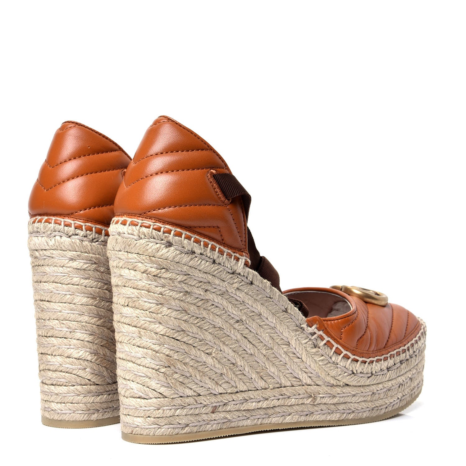 Gucci Nappa Matelasse GG Marmont Ankle Wrap Platform 35/120mm Espadrille Wedges 38 Cognac 3 of 10
