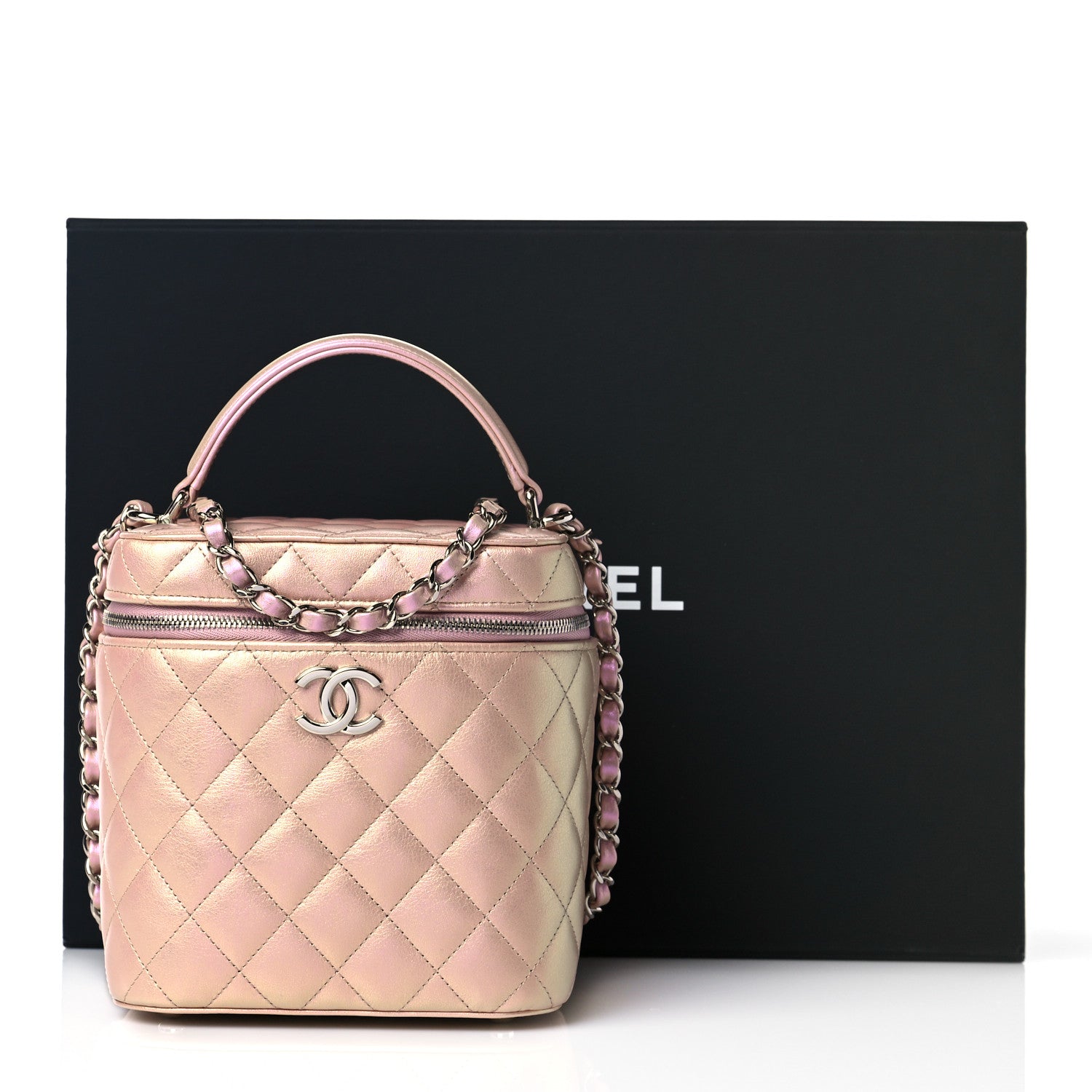 Chanel Iridescent Calfskin Quilted Small Top Handle Vanity Case With Chain Pink 12 of 12