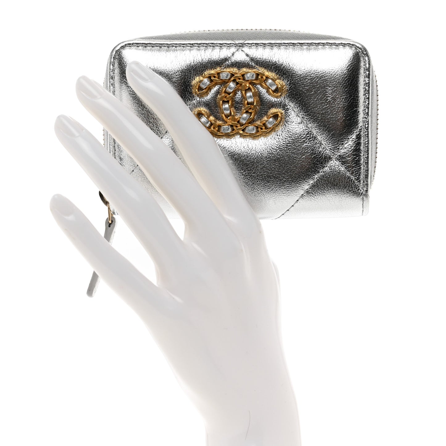 Metallic Lambskin Quilted Chanel 19 Zip Around Coin Purse Wallet Silver