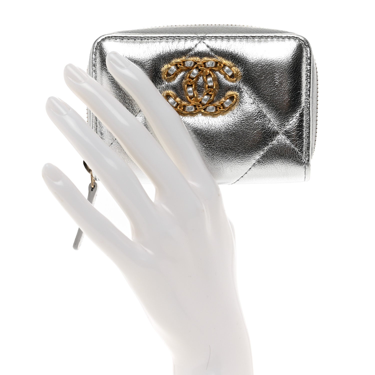 Chanel Metallic Lambskin Quilted Chanel 19 Zip Around Coin Purse Wallet Silver 2 of 8