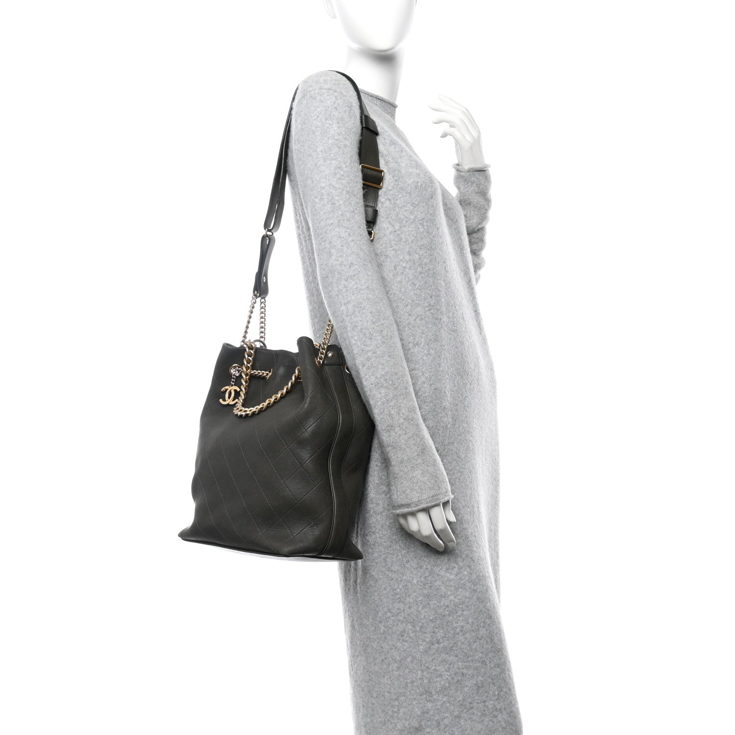 Chanel Calfskin Quilted Small On My Shoulder Drawstring Bag Dark Green 2 of 11