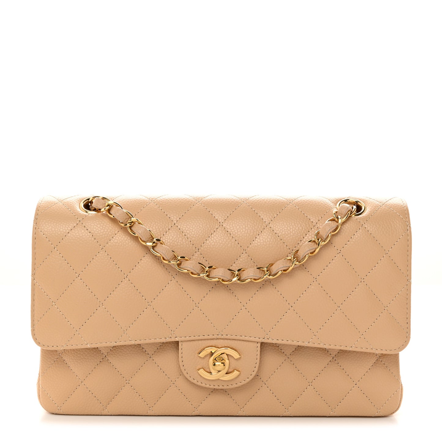 Caviar Quilted Medium Double Flap Beige