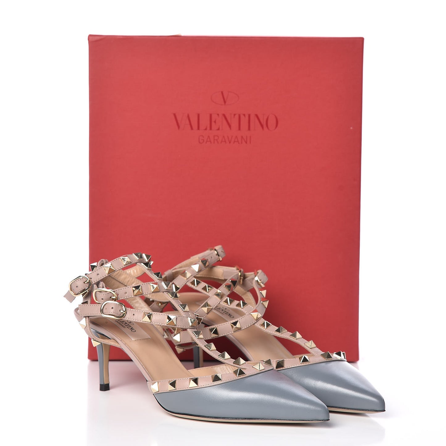 Calfskin Nappa Rockstud Ankle Strap 65mm Pumps 39.5 Light Stone Poudre