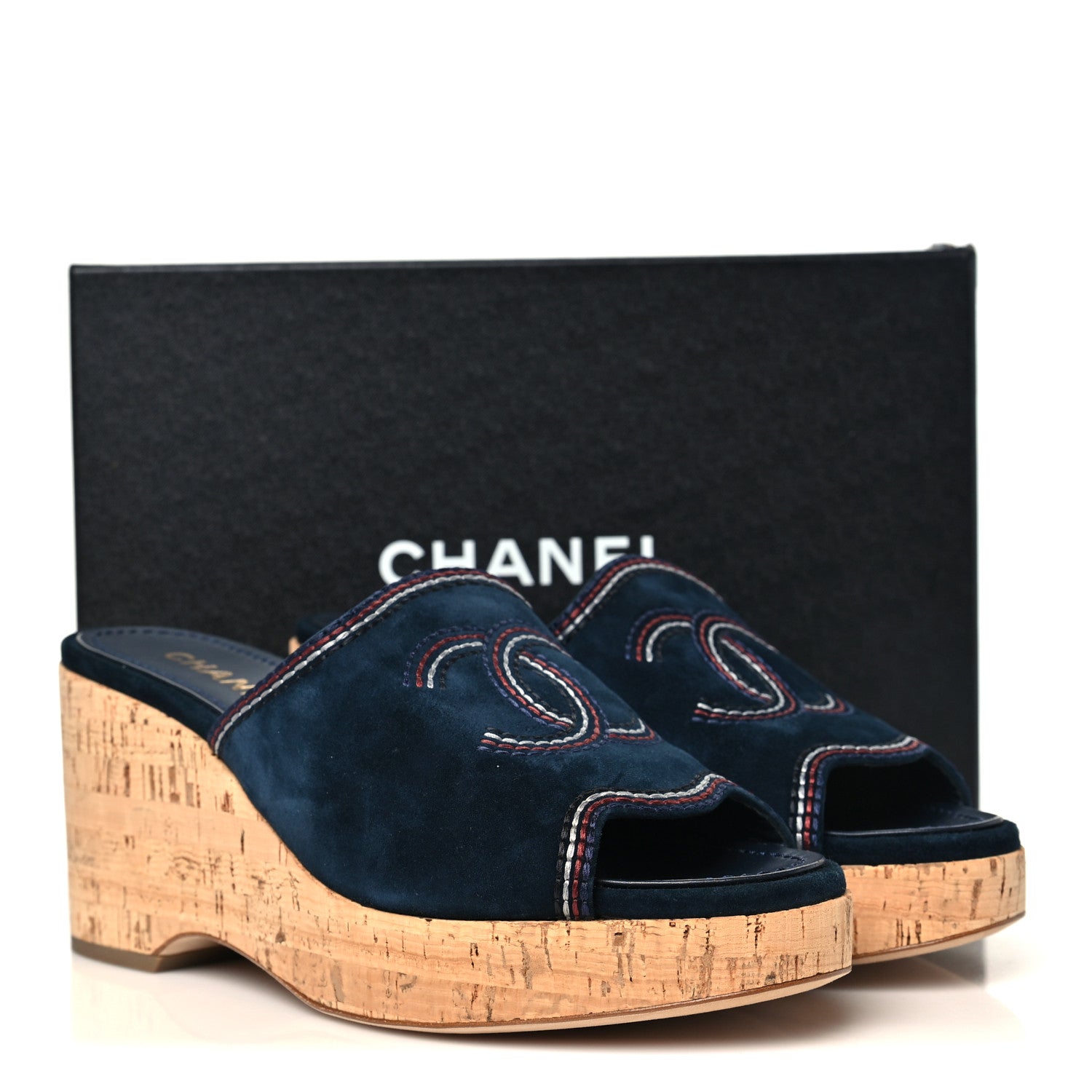 Chanel Suede Calfskin Cork CC Wedge Sandal 39.5 Navy Blue 10 of 10