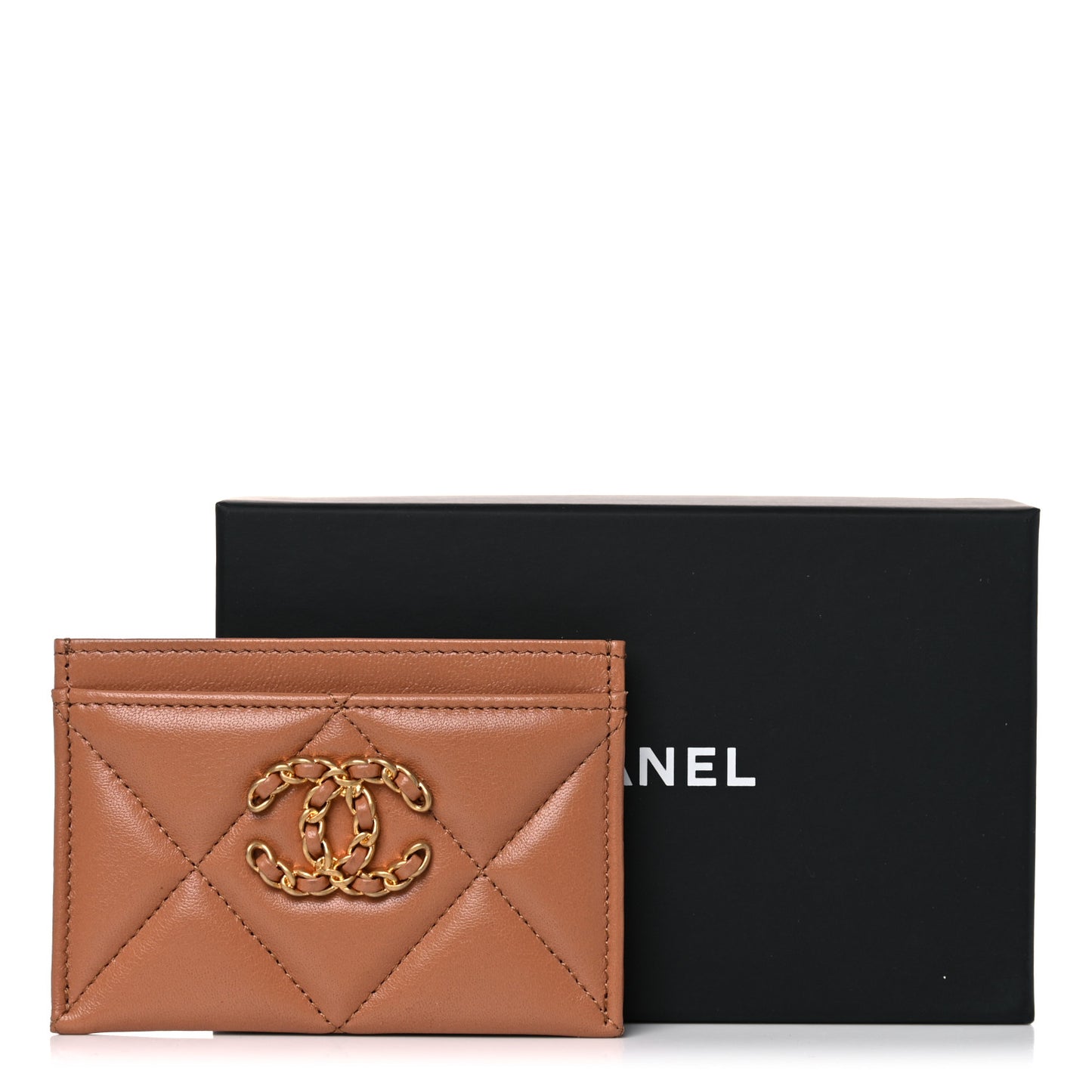 Lambskin Quilted Chanel 19 Card Holder Brown