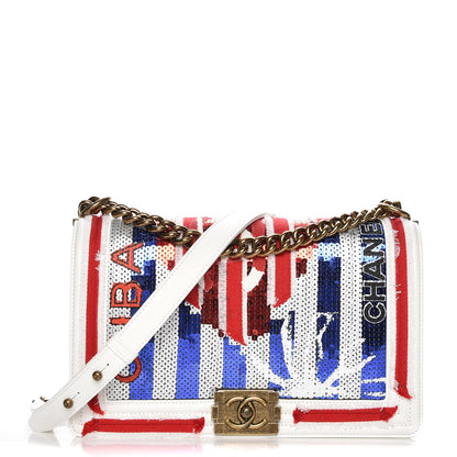 Chanel Sequin Canvas New Medium Boy Flap White Blue Red 1 of 8