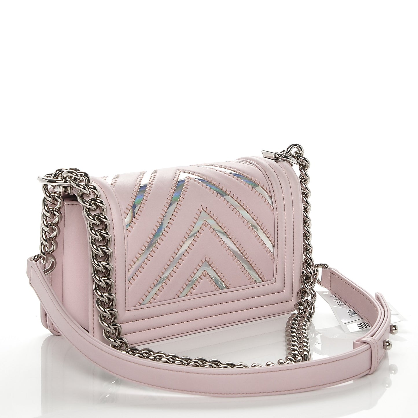 Lambskin Iridescent PVC Chevron Quilted Small Boy Flap Light Pink Silver