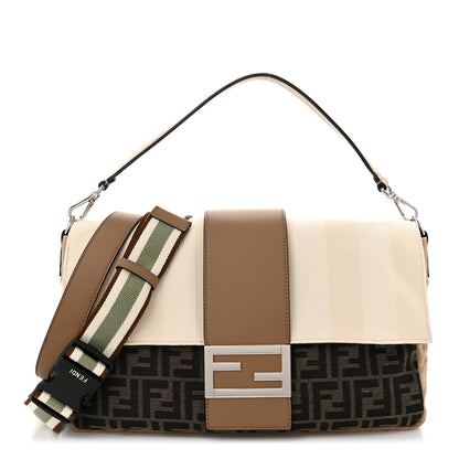 Fendi Fabric Jacquard Canvas Vitello Grace Pequin FF 1974 Large Convertible Baguette Tobacco Moro Grezzo Sand 1 of 10