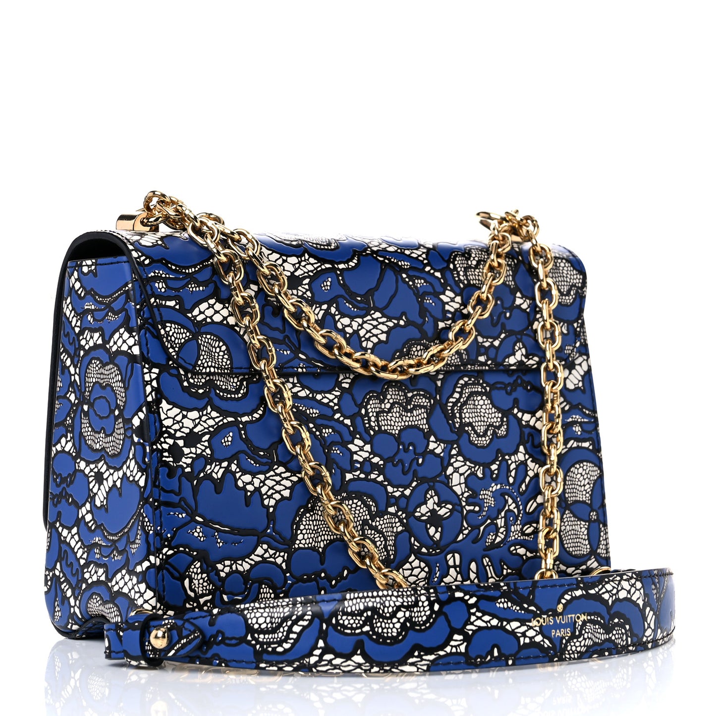 Calfskin Lace Flower Inlay Twist Shoulder Bag MM Navy Black