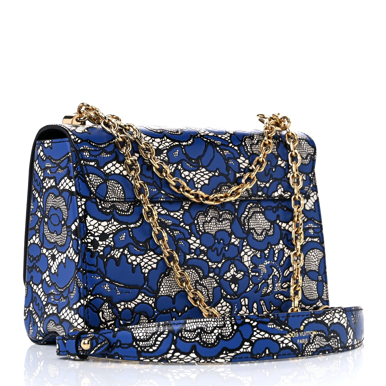 Louis Vuitton Calfskin Lace Flower Inlay Twist Shoulder Bag MM Navy Black 2 of 8