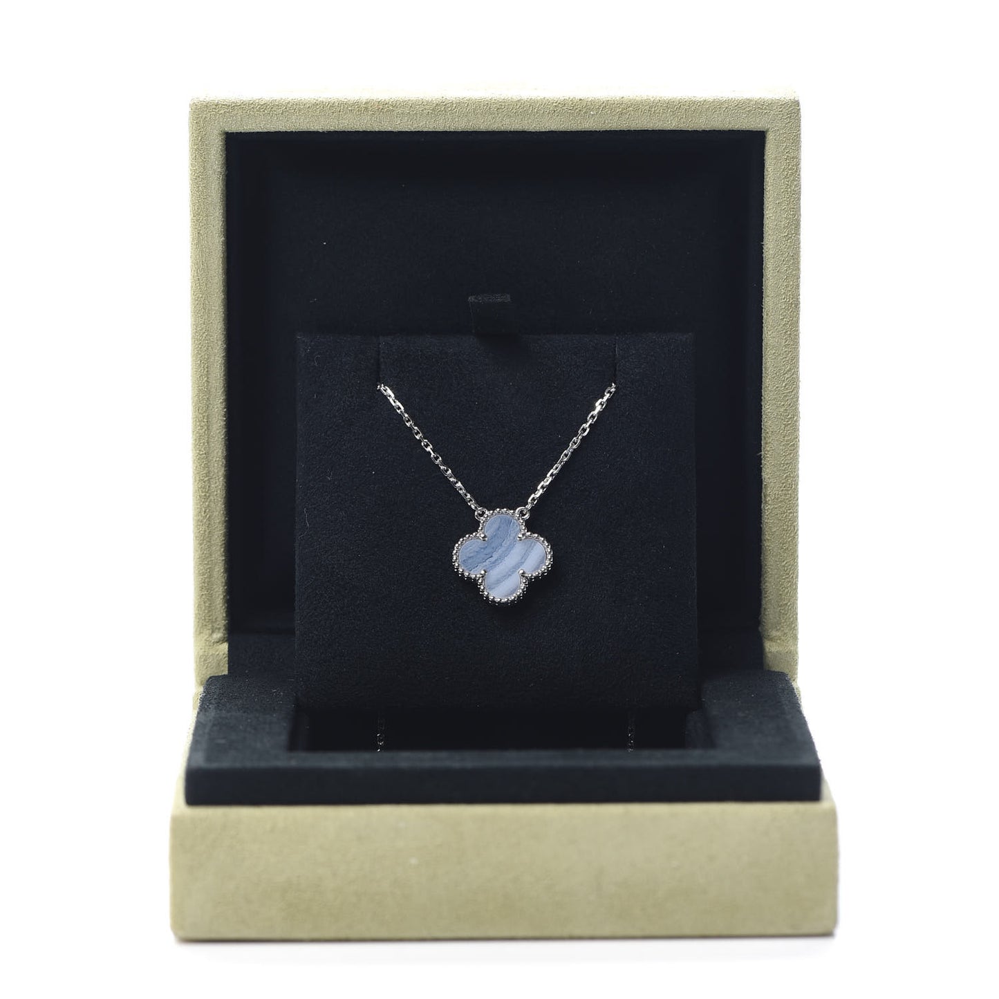 18K White Gold Chalcedony Vintage Alhambra Pendant Necklace