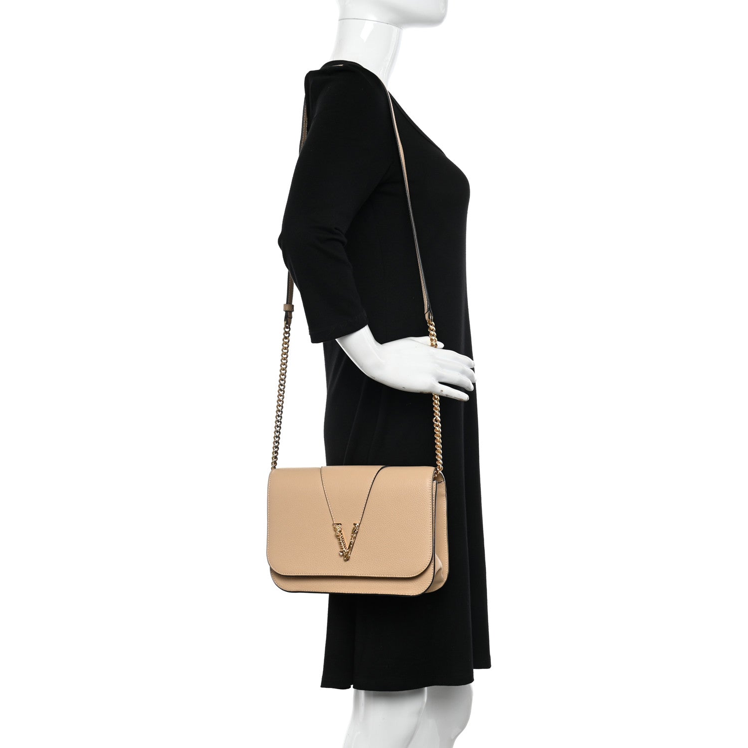 Versace Grained Calfskin Virtus Shoulder Bag Beige 2 of 10