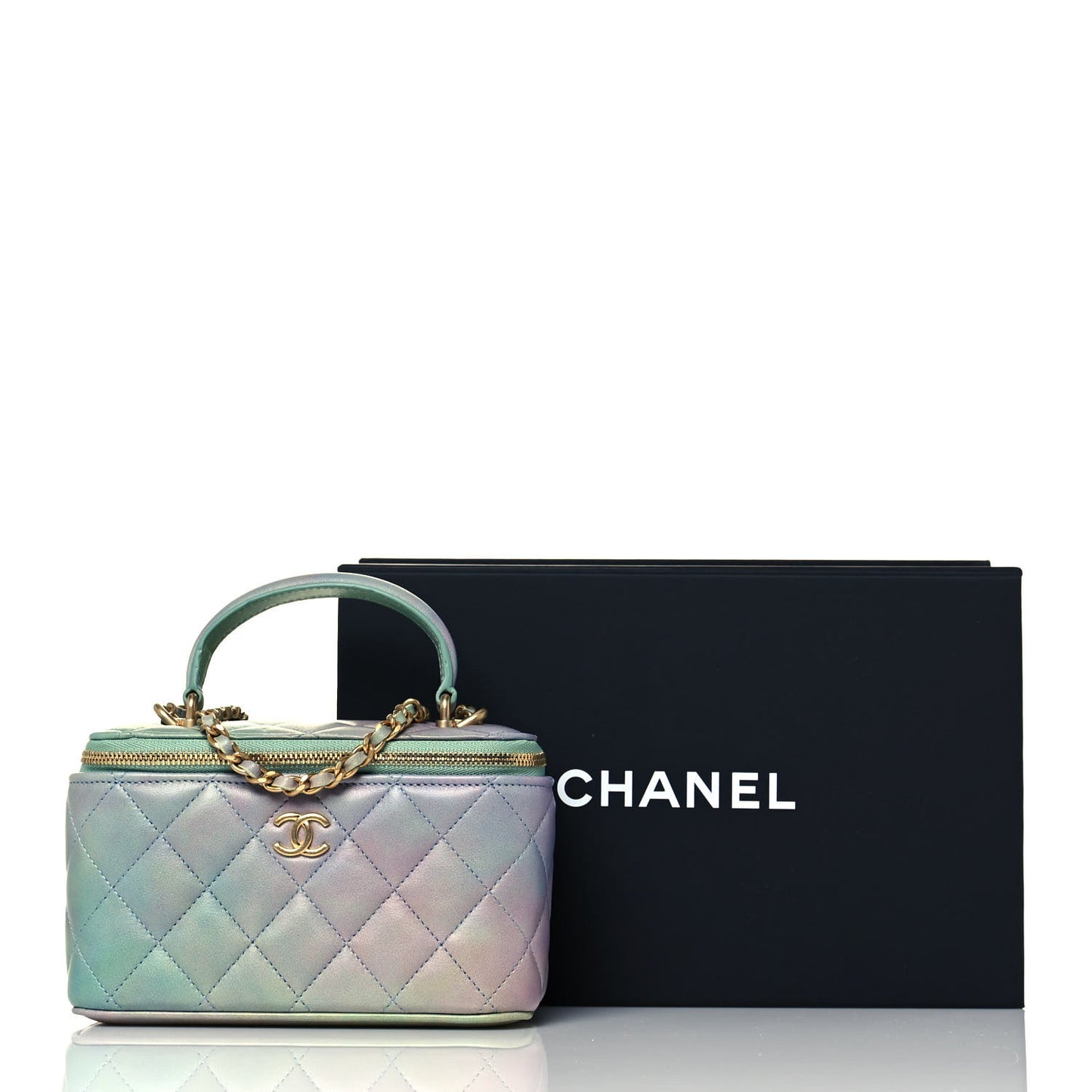 Lambskin Quilted Ombre Small Top Handle Vanity Case With Chain Blue Green