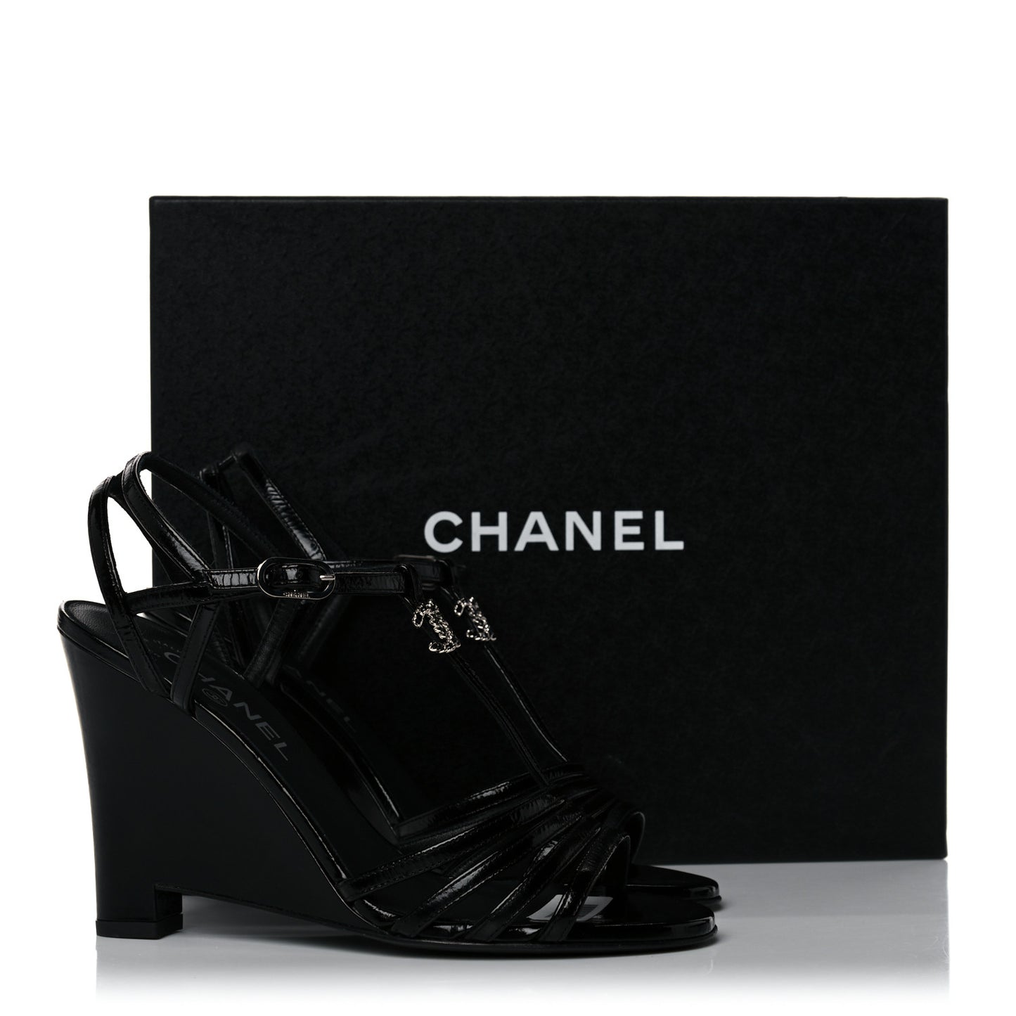 Patent Goatskin Chain CC Wedge Sandals 38 Black