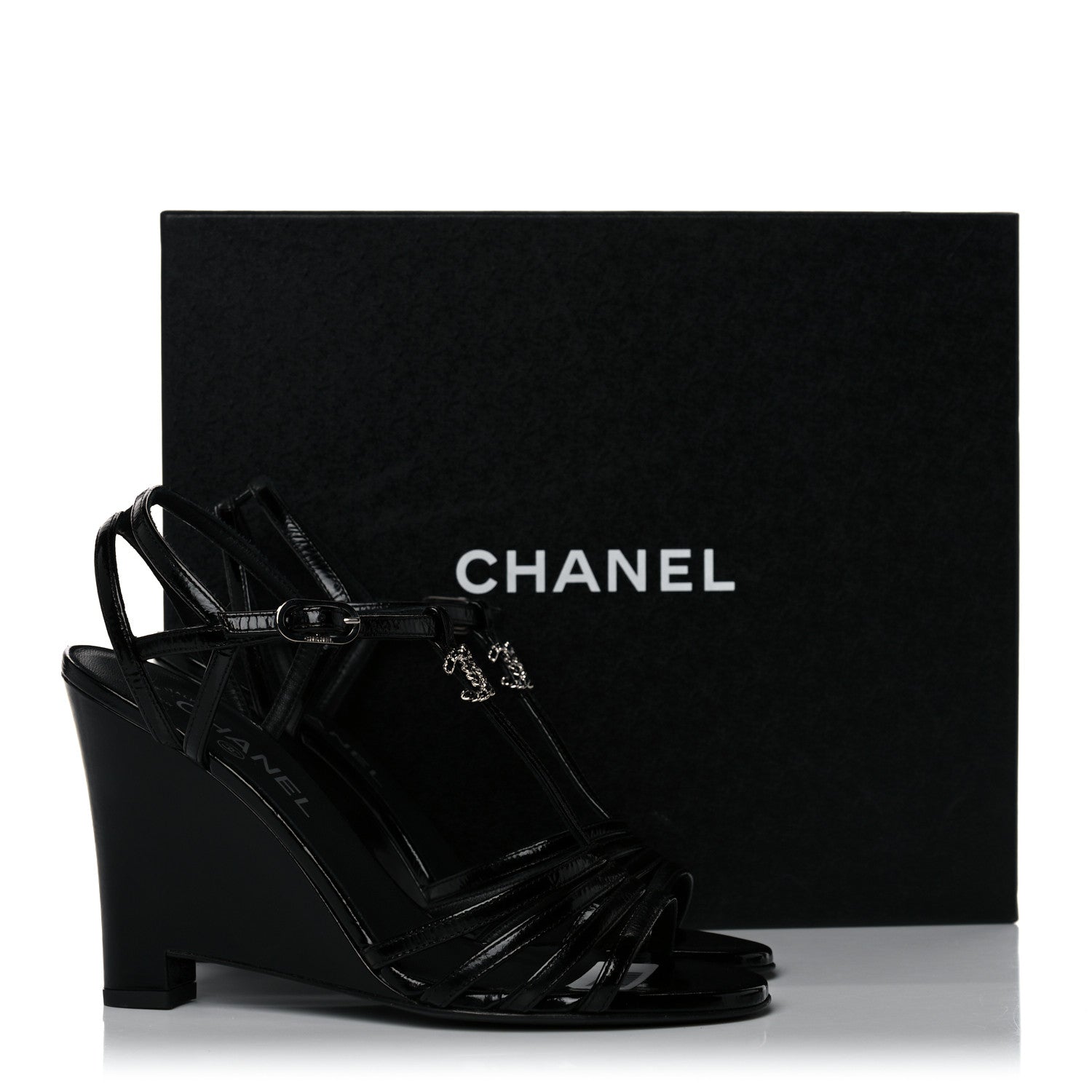 Chanel Patent Goatskin Chain CC Wedge Sandals 38 Black 12 of 12