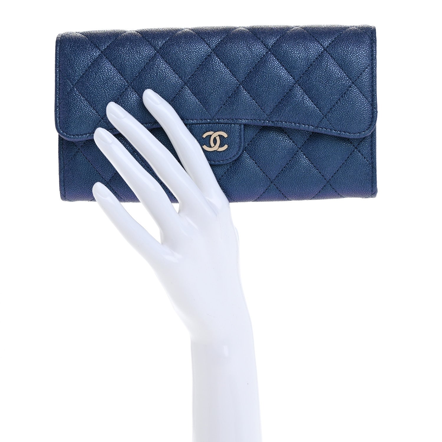 Chanel Iridescent Caviar Quilted Large Gusset Flap Wallet Dark Blue 2 of 9