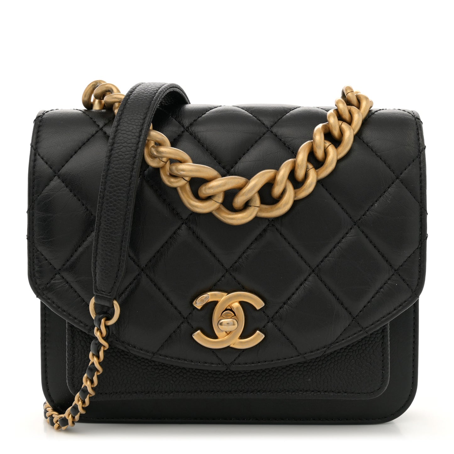 Calfskin Caviar Quilted Mini Chain Handle Flap Black
