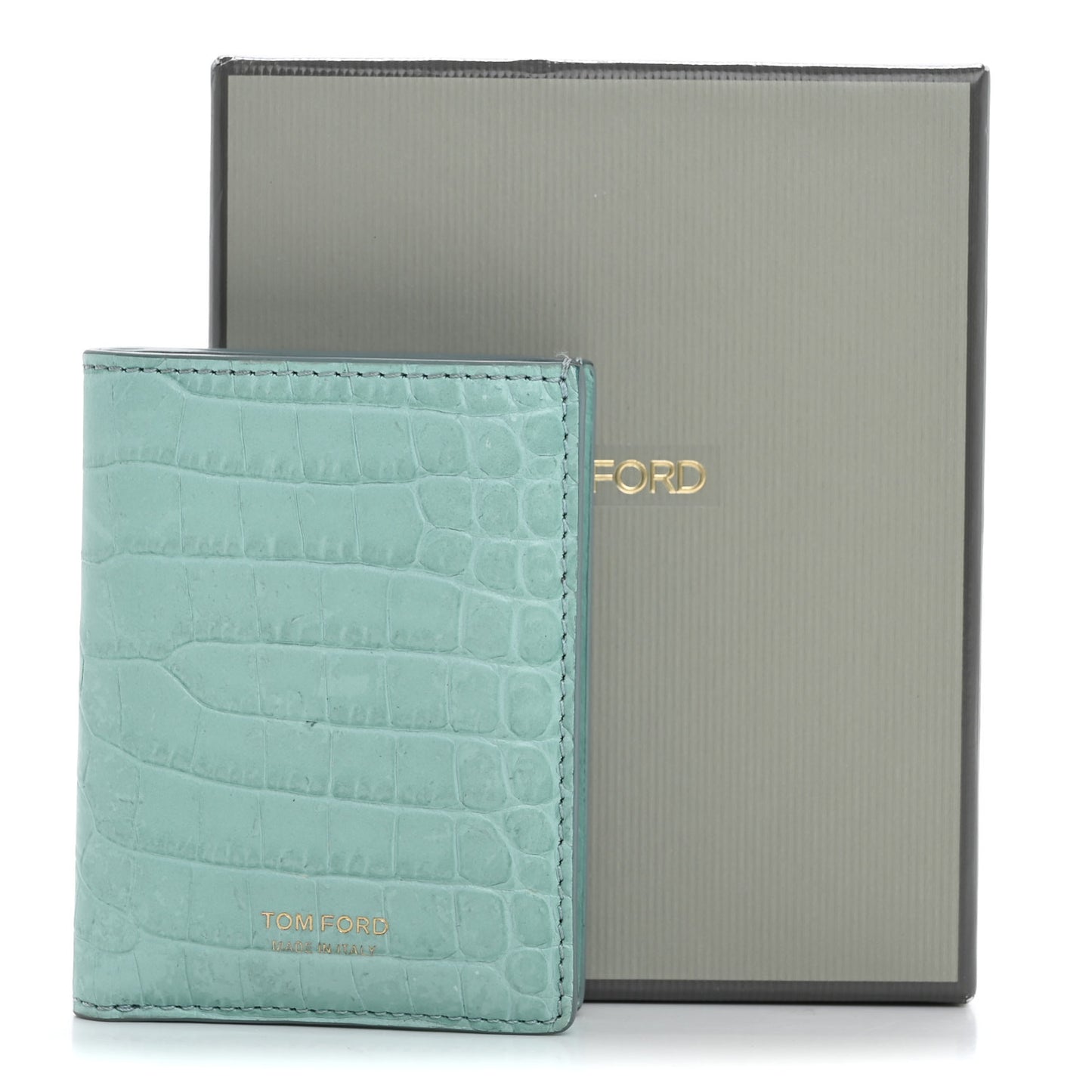 Calfskin Crocodile Embossed Bi-Fold Card Case Pastel Turquoise