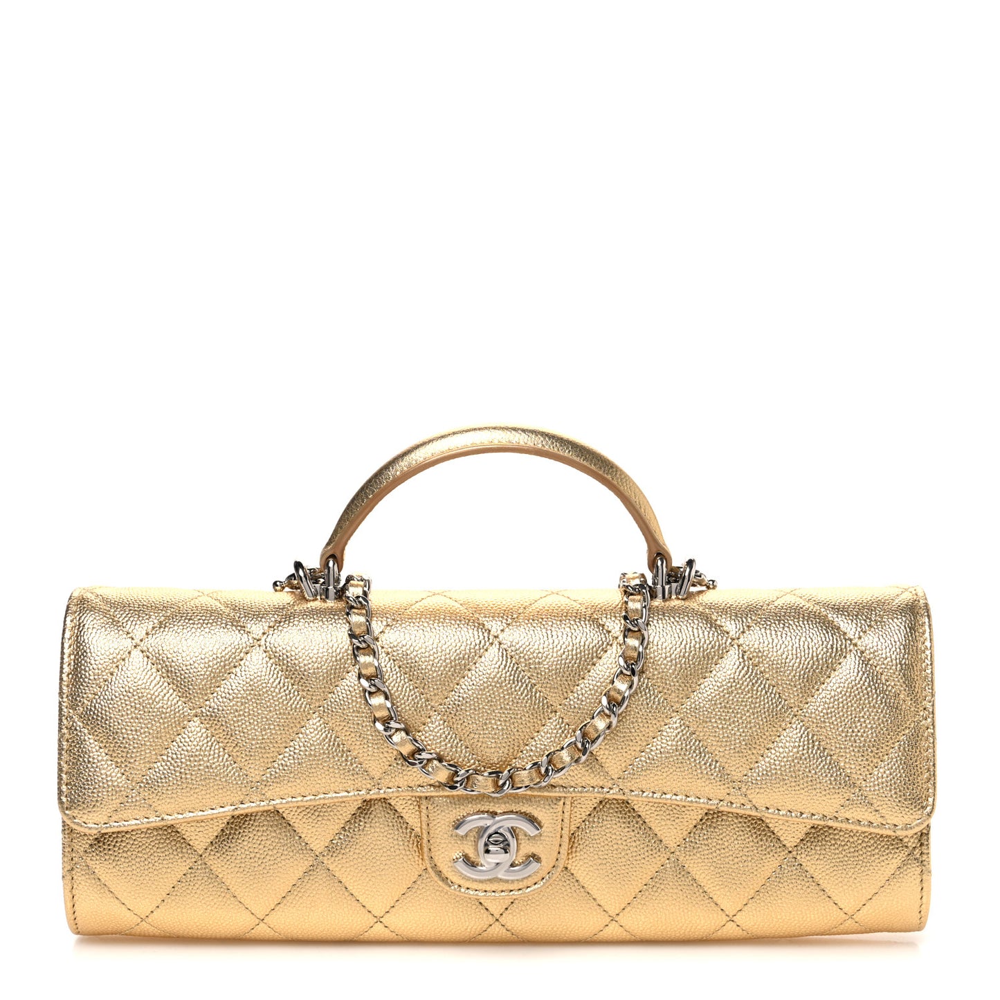 Metallic Caviar Quilted Top Handle Flap Clutch With Chain Gold